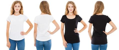 impostare le viste anteriore e posteriore donna in maglietta bianca e maglietta nera isolata, maglietta da ragazza foto