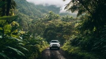 un avventuroso suv navigazione un' lussureggiante foresta pluviale strada circondato di tropicale fogliame durante un' nebbioso mattina foto