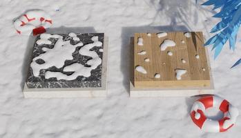 3D rendering sfondo di marmo a forma di cubo e podio in legno coperto di neve visto dall'alto, tema invernale foto