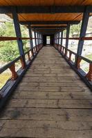 ponte di legno sul fiume paro chhu a paro, bhutan, asia foto