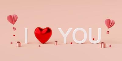 San Valentino banner sfondo di testo ti amo con palloncino a forma di cuore con confezione regalo, rendering 3d foto