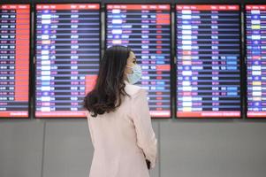 una donna d'affari indossa una maschera protettiva nell'aeroporto internazionale, viaggia sotto la pandemia covid-19, viaggi di sicurezza, protocollo di allontanamento sociale, nuovo concetto di viaggio normale