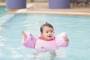 una felice madre e figlia asiatiche si divertono a nuotare in piscina, lo stile di vita, la genitorialità, il concetto di famiglia foto