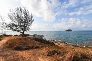 vista delle onde del mare con l'albero e il fantastico paesaggio della costa rocciosa - isola tropicale della roccia di paesaggio marino con l'oceano e lo sfondo del cielo blu in tailandia foto