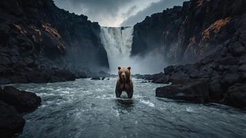 un' orso sta nel un' fiume con un' cascata nel il sfondo, cattura un' selvaggio paesaggio scena. foto