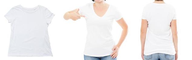 t-shirt bianca mock up vuoto vicino, maglietta femminile set isolato su bianco foto