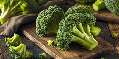 fresco verde broccoli fiorellini su un' di legno taglio tavola. foto