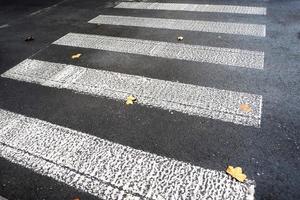 strisce bianche di attraversamento pedonale su una strada asfaltata bagnata. foto