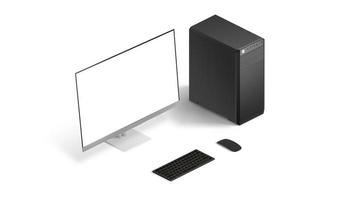 display per computer isolato, custodia, tastiera e mouse in posizione isometrica foto