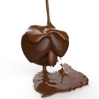 primo piano sciroppo di cioccolato che perde sopra il simbolo a forma di cuore foto
