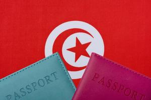 sullo sfondo della bandiera della Tunisia ci sono i passaporti. foto