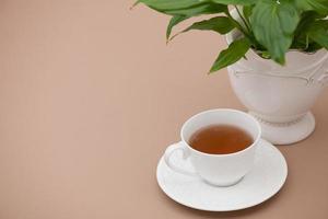 tazza di tè in un piattino e un fiore foto