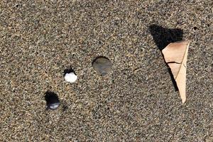 tre diverse pietre e foglia secca sulla trama della sabbia. sfondo spiaggia estiva. foto