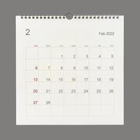 pagina del calendario di febbraio 2022 su sfondo bianco. sfondo del calendario per promemoria, pianificazione aziendale, appuntamento e evento.