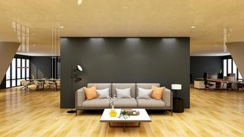 3d rende il design del mockup della parete del salotto dell'ufficio degli ospiti con un moderno concetto di interior design minimalista foto