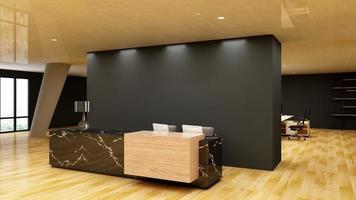 Rendering 3d moderno reception in legno o mockup di reception foto