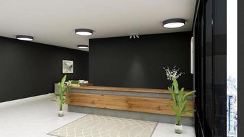 Rendering 3d moderno reception in legno o mockup di reception foto