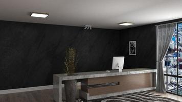 Rendering 3d moderno reception in legno o mockup di reception foto