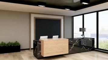 Rendering 3d moderno reception in legno o mockup di reception foto