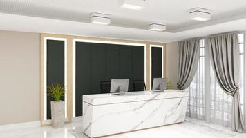 Rendering 3d moderno reception in legno o mockup di reception foto