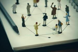 primo piano di persone in miniatura con diagramma di rete sociale su taccuino aperto su scrivania in legno come concetto di social media foto