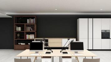 3d rendono realistico l'area di lavoro dell'ufficio moderno mockup minimalista foto
