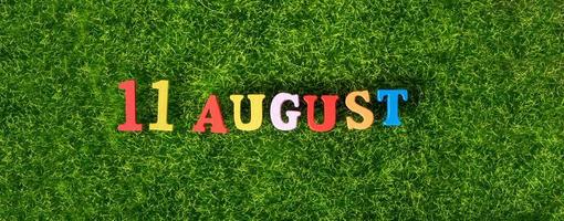 11 agosto immagine di lettere e numeri colorati in legno l'11 agosto sullo sfondo di un prato verde, giornata di montagna in giappone. giorno d'estate. foto