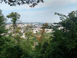 vista della città di lviv paesaggio attraverso le foglie verdi ramo di alberi panoramica aerea area centro città ucraina occidentale foto