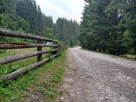 strada sterrata vicino a una staccionata in legno in montagna Carpazi natura selvaggia villaggio zona rurale foto