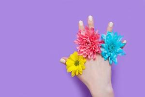 donna mano e fiori gialli, blu, rosa isolati su sfondo. concetto di estate e primavera. fashion design e manicure. vista dall'alto e spazio di copia. simulare la festa della mamma foto