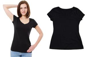 modello femminile in t-shirt nera, t-shirt nera da vicino isolato su sfondo bianco. set maglietta donna foto