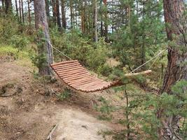 un'amaca di legno nel bosco in una giornata di sole è un posto abbastanza riposante. foto