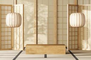 la piattaforma di legno sulla stanza del Giappone mockup, la lanterna del Giappone e la luce del sole che splende attraverso i pannelli. sfondo astratto per la presentazione del prodotto o gli annunci. rendering 3D foto