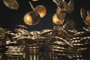 monete bitcoin dorate che cadono dall'alto nella scena nera, moneta di valuta digitale mockup per scopi finanziari, promozione dello scambio di token, pubblicità foto