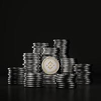 enorme pila di monete d'argento binance in scena nera, moneta di valuta digitale mockup per scopi finanziari, promozione dello scambio di token, pubblicità foto