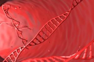 cromosoma rosso su sfondo rosso, sfondo astratto per scienza o medicina. rendering 3D foto
