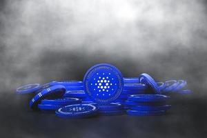 mucchio mockup di moneta cardano blu con tosse fredda. per il mercato delle criptovalute, la promozione dello scambio di token, lo scopo pubblicitario. rendering 3D foto