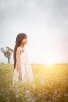 piccola ragazza asiatica carina che cammina tra il campo di fiori viola, la libertà gode del concetto. foto