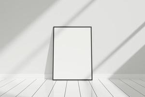 poster nero verticale minimalista e pulito o mockup di cornice per foto sul pavimento appoggiato alla parete della stanza con ombra