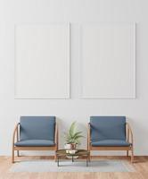 un paio di mock up poster con cornice in interni moderni dietro la sedia in soggiorno con alcuni alberi, rendering 3d, illustrazione 3d foto