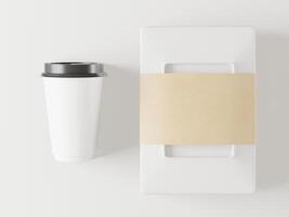 un mock up di bicchieri di carta bianca bianchi realistici con coperchio in plastica. caffè da asporto, estrarre la tazza con una scatola di carta bianca realistica mock up rendering 3d, illustrazione 3d foto