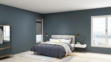 3d rendono l'interno minimalista di design della camera da letto foto