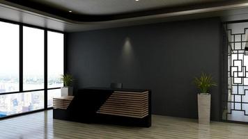 Rendering 3d moderno reception in legno o mockup di reception foto