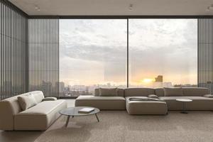 soggiorno di interior design minimalista. luminoso e luminoso appartamento moderno con ampie finestre e vista tramonto. illustrazione di rendering 3d. foto