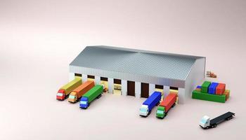 Il parcheggio del camion del container per caricare le merci nel magazzino 3d rende l'illustrazione foto
