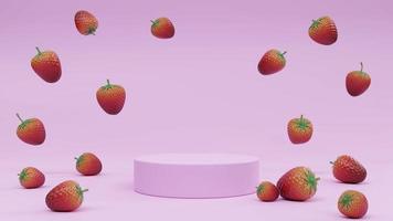 podio cilindrico rosa con fragola che cade 3d rendering illustrazione foto