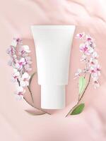 un mock up di realistico tubo cosmetico bianco vuoto isolato su sfondo rosa chiaro con alcuni fiori, rendering 3d, illustrazione 3d foto