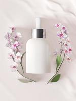 un mock up di una bottiglia di lozione per il corpo pulita vuota bianca realistica isolata su sfondo chiaro con fiori, rendering 3d, illustrazione 3d foto