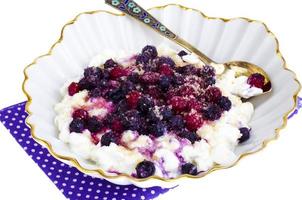 ricotta fresca fatta in casa con frutti di bosco e zucchero per alimenti per bambini e dietetici foto