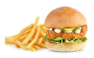 hamburger con pesce e formaggio su sfondo bianco foto